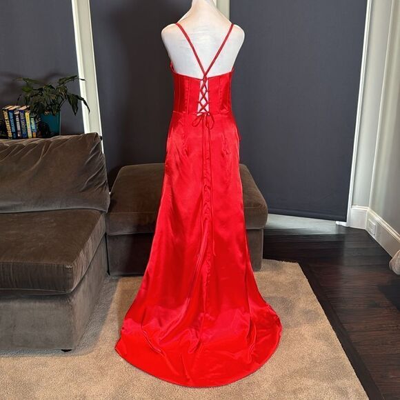 Red Satin Full Length Prom Party Formal Dress CrissCross Straps Leg Slit Size 8 - Picture 5 of 14
